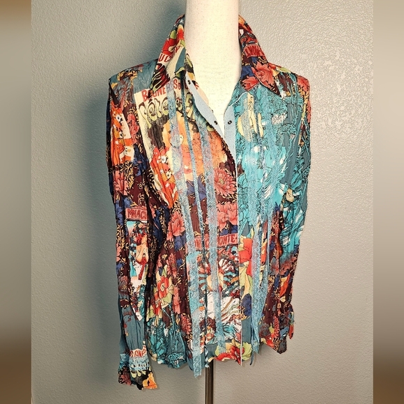 Vintage Claudia Richards Colorful Comic Print Shirt with flowy ribbons Size Lg - Picture 9 of 10